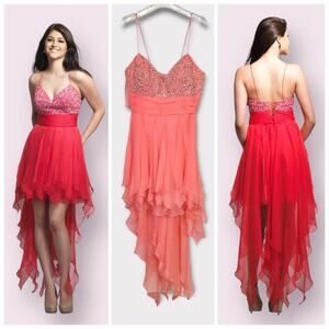 Dave & Johnny NWT Chiffon Prom Dress High-lo Embellished Beaded Coral